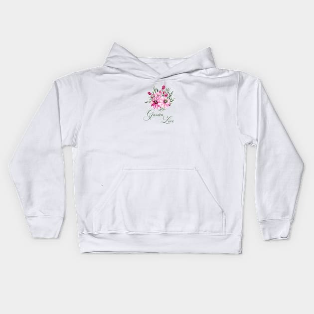 Garden Love with pink flowers for gardeners Kids Hoodie by artsytee